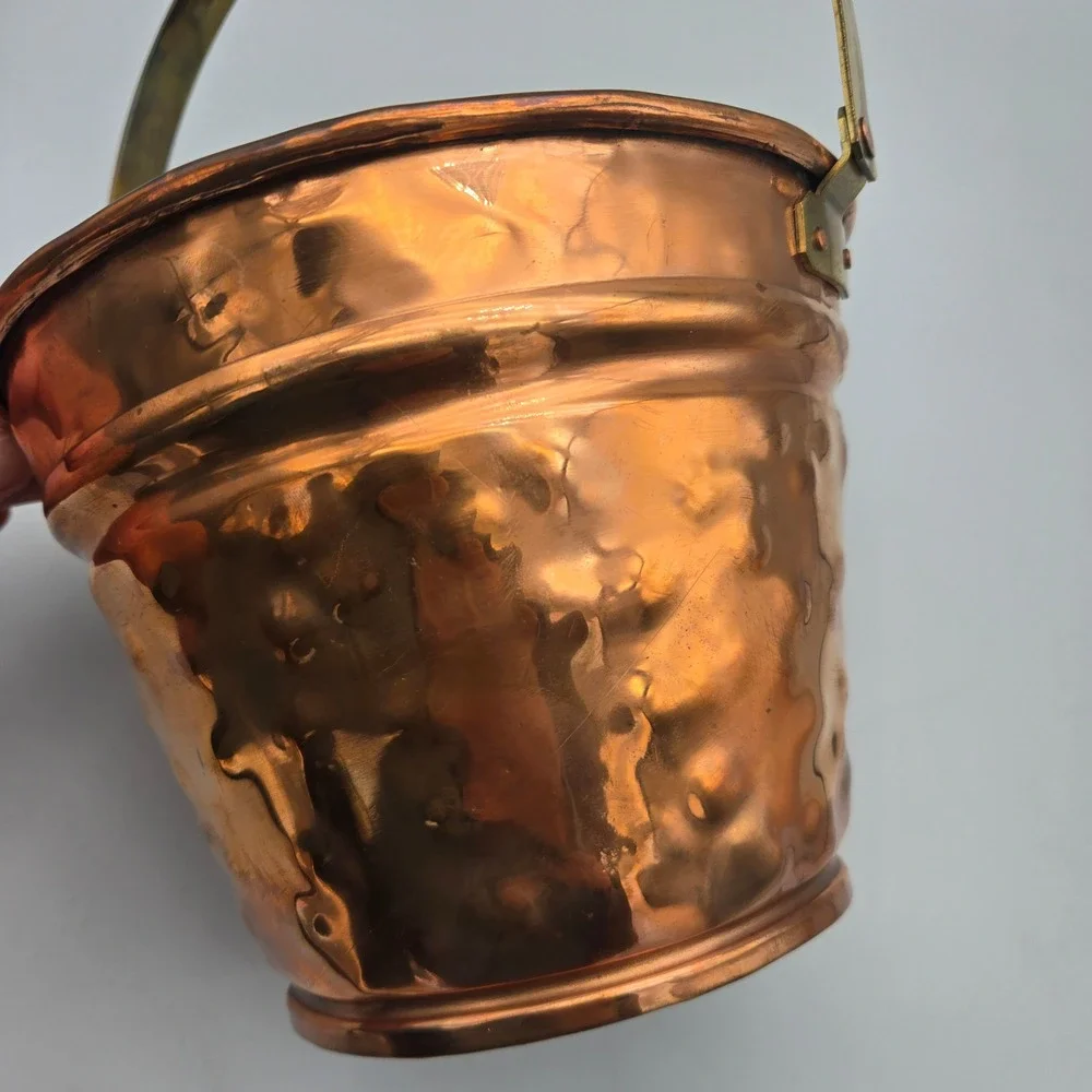 Vintage Artisan Made Hammered Copper Bucket Pail Brass Handle Signed CH 1991